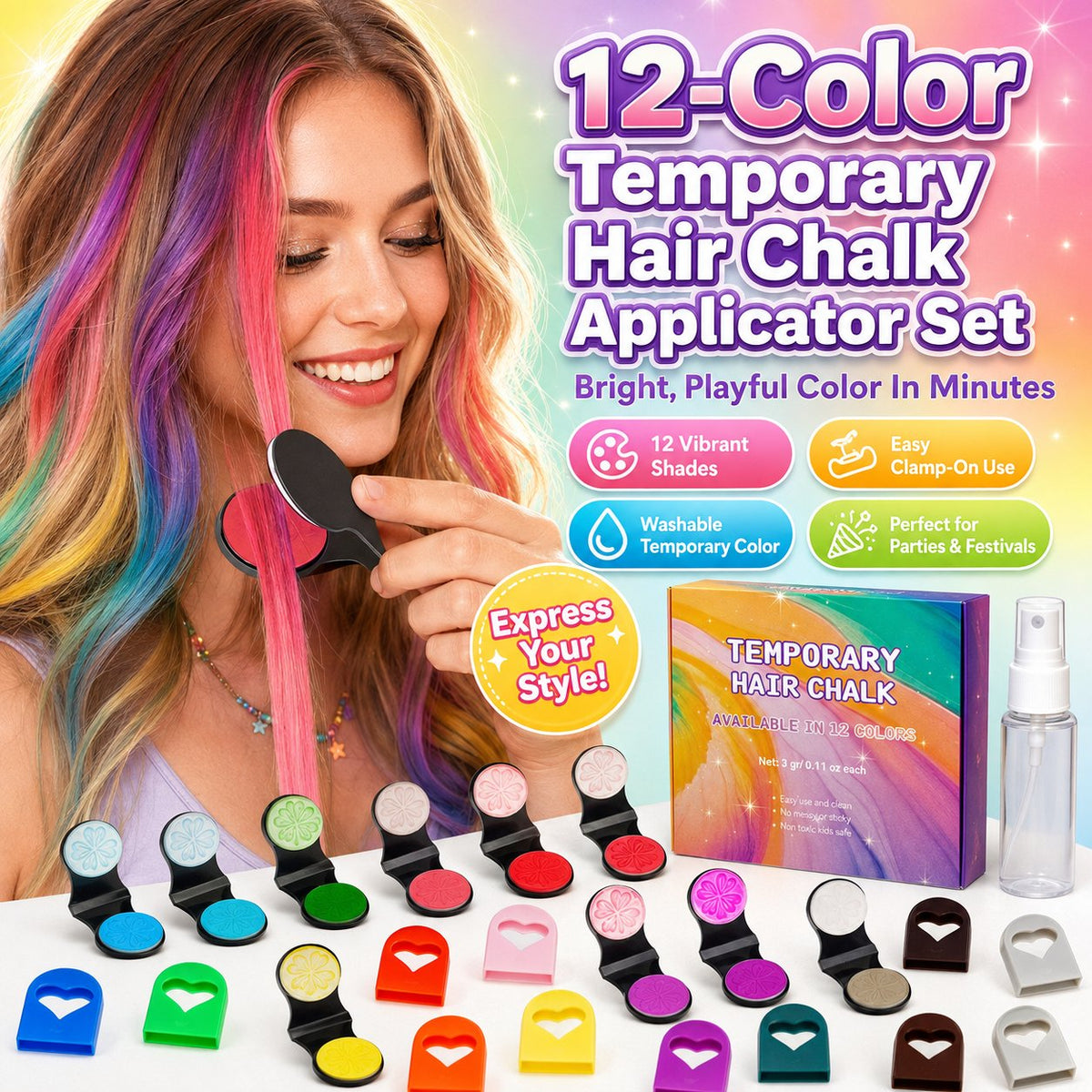 ✨12-Color Temporary Hair Chalk Applicator Set for Kids & Adults