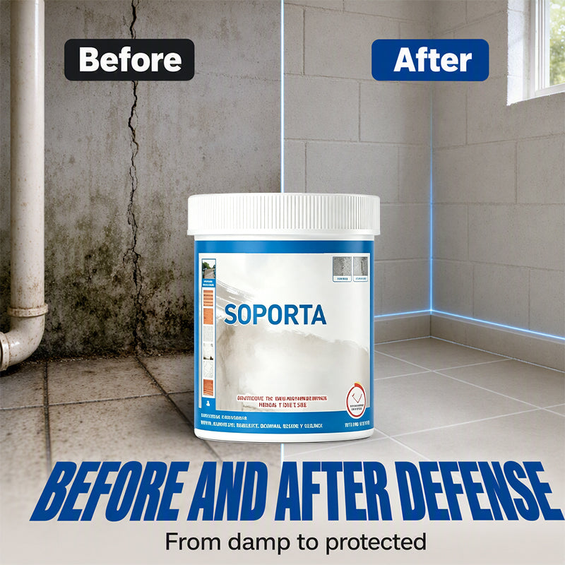 Before and after example of a damp wall area treated with waterproof sealant