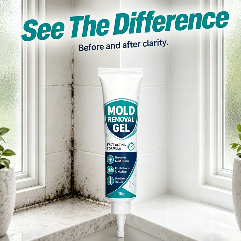 HouseHen before-and-after product image showing a dark-stained bathroom corner beside a cleaner-looking corner